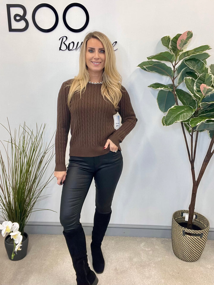 LADIES CABLE KNIT PEARL NECK JUMPER - BERRY, CREAM, BLACK, RED, BROWN