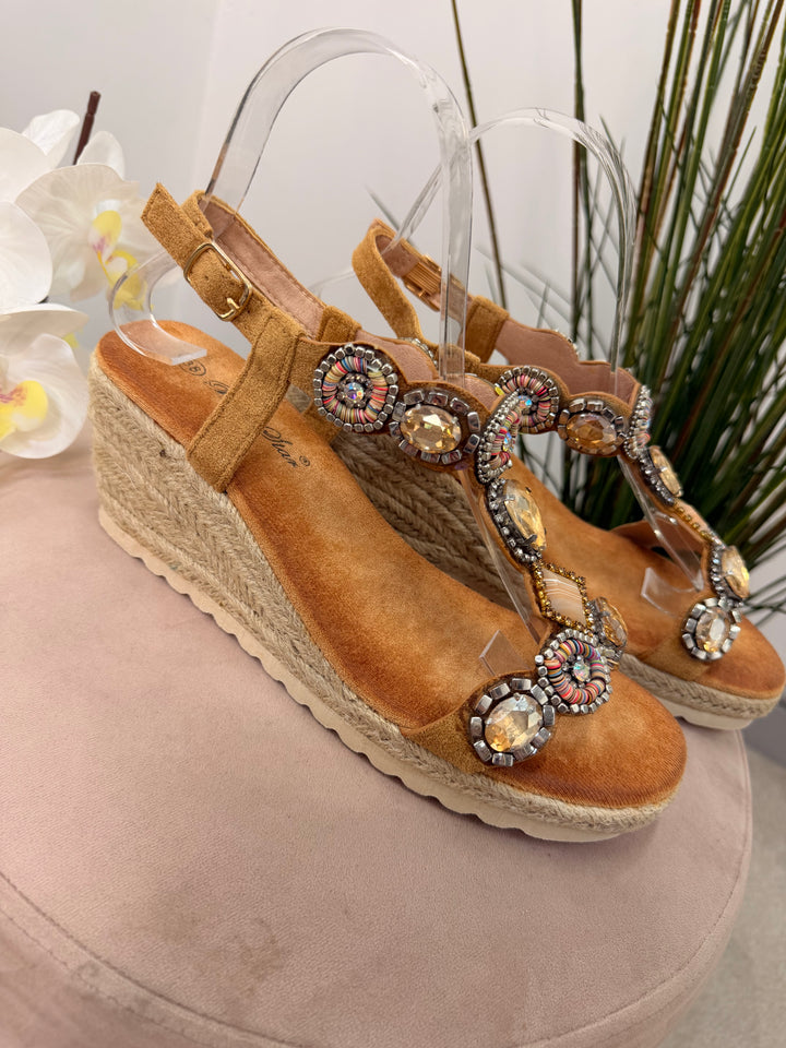 Ladies Fashion Camel Jewelled Mid Wedge Heel Sandals