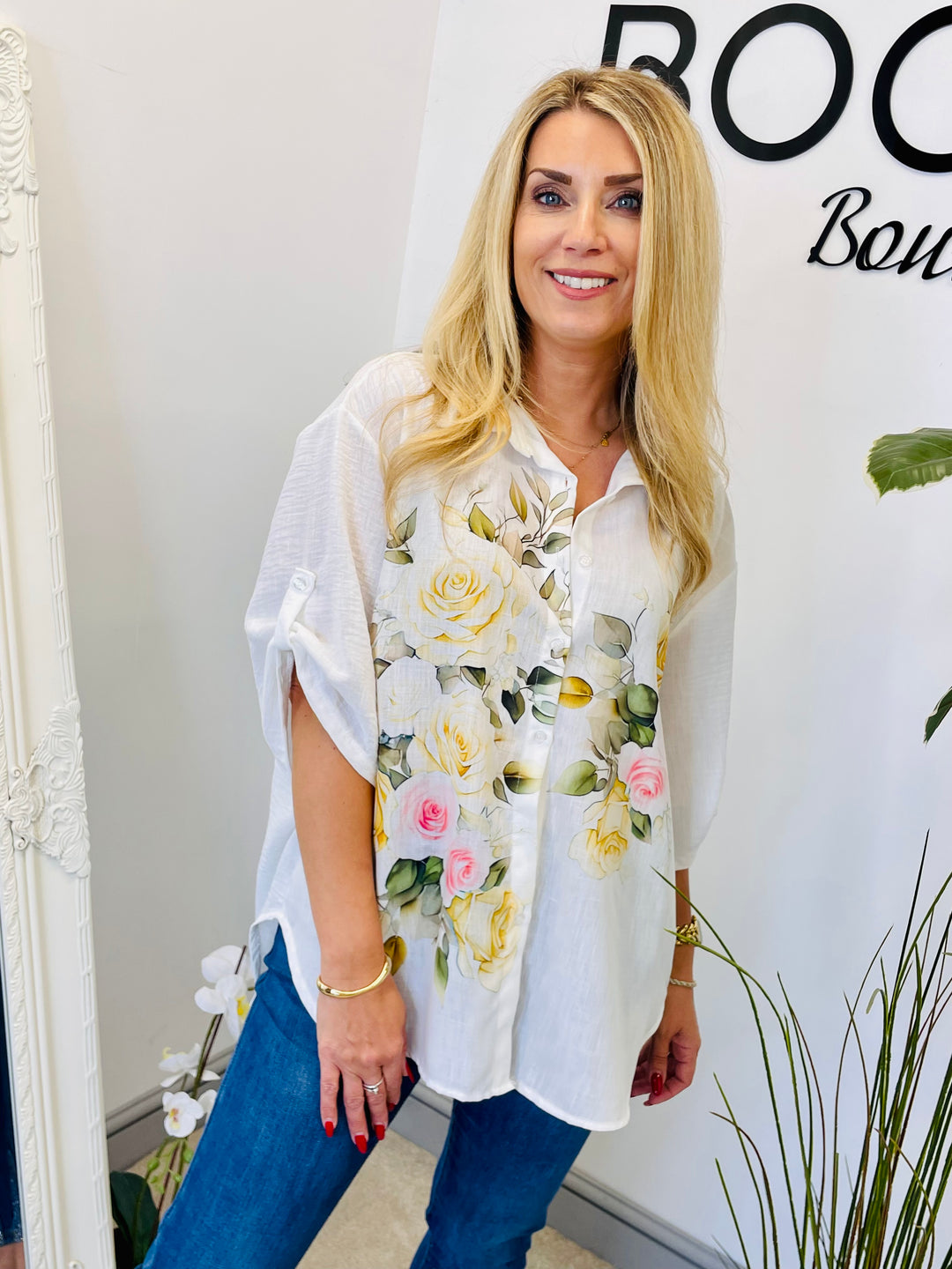 LADIES WHITE FLORAL PRINT LINEN SHIRT
