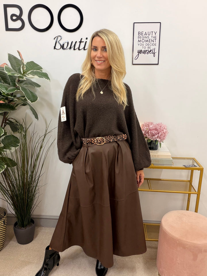 Womens fashion faux leather A line maxi skirt - black, brown & beige
