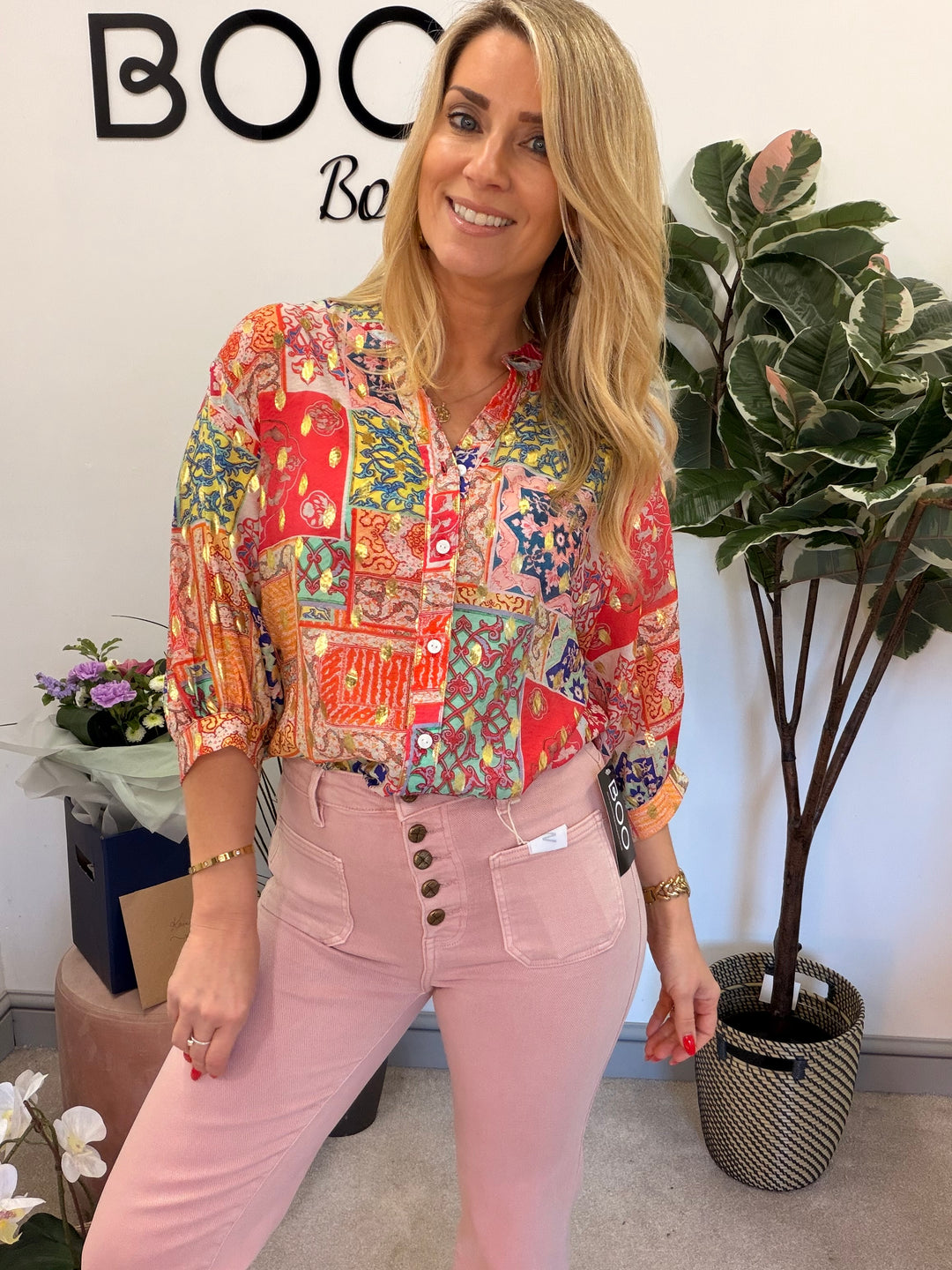 Ladies Red Orange Pink Short Sleeve Blouse Shirt