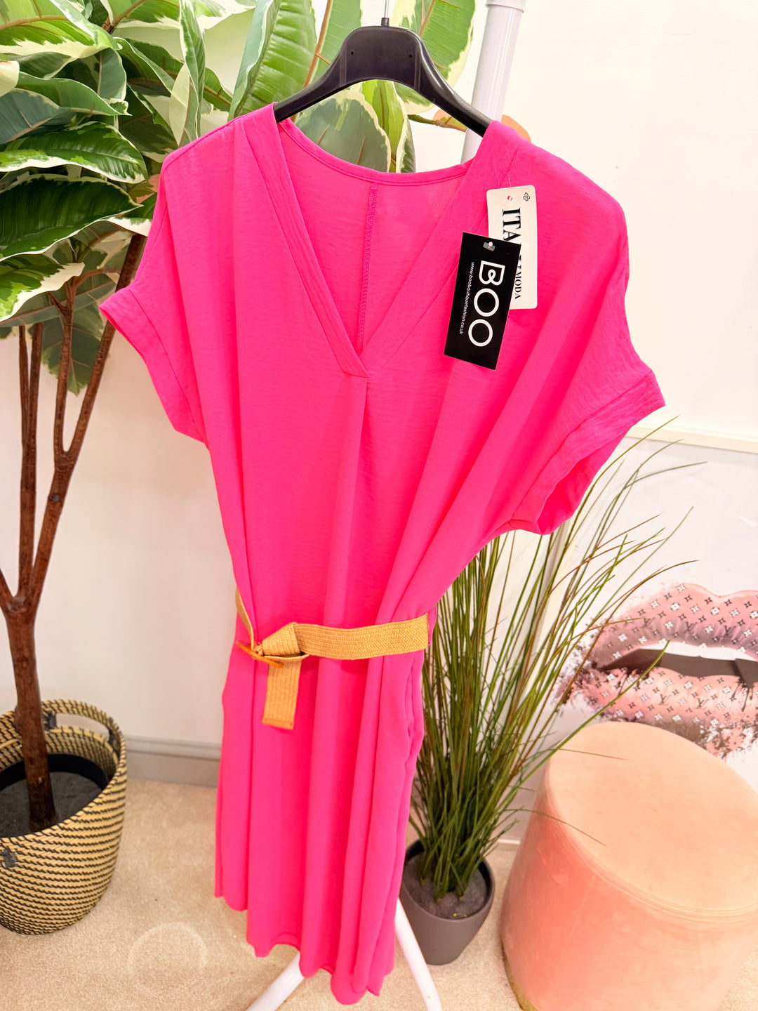 Ladies Fashion Casual Midi Dress fuschia pink