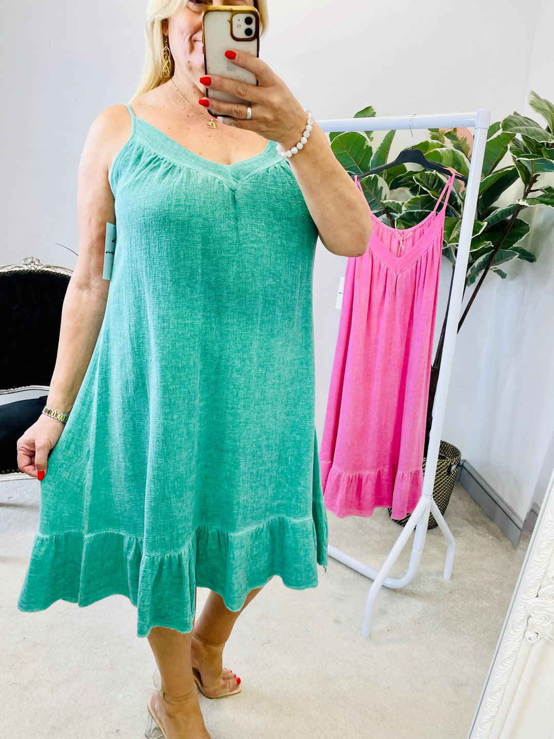 LADIES TEABAG LINEN SUMMER SHIFT SUN DRESS - PINK & JADE GREEN