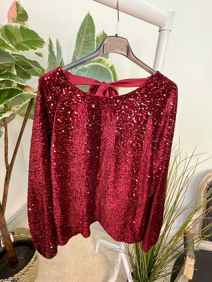 LADIES SEQUIN BOW BACK PARTY TOP - BROWN, BLACK, NAVY, BERRY & SILVER