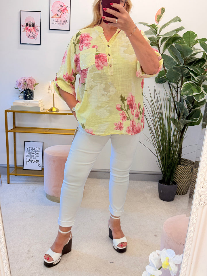 Ladies Light Linen Flower Print Grandad Top Shirt - White, Lemon, Blue & Pink