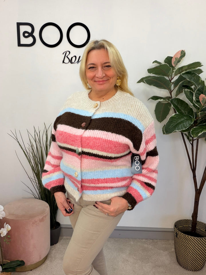 Ladies Fashion Thick Chunky Knit Stripe Oversize Cardigan