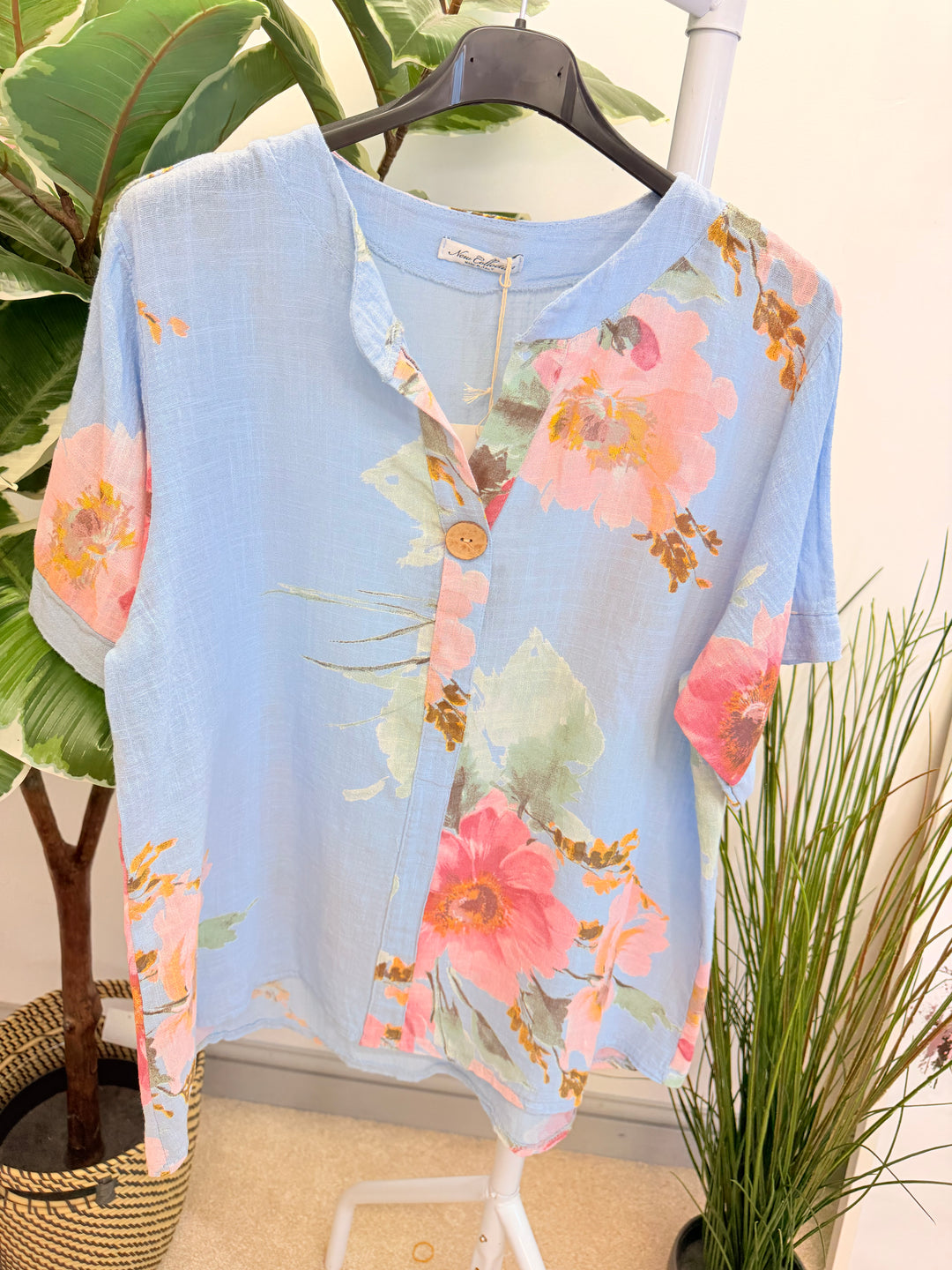 Ladies Fashion Light Linen Flower Print Grandad Shirt Top - Pink, Blue, White & Lemon