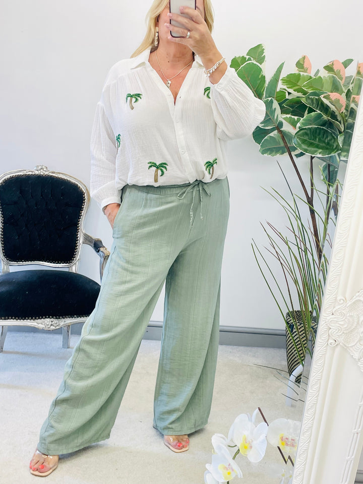 LADIES WOMENS WIDE LEG PALAZZO TROUSERS - BLACK, KHAKI, WHITE, PINK, BLUE & NAVY
