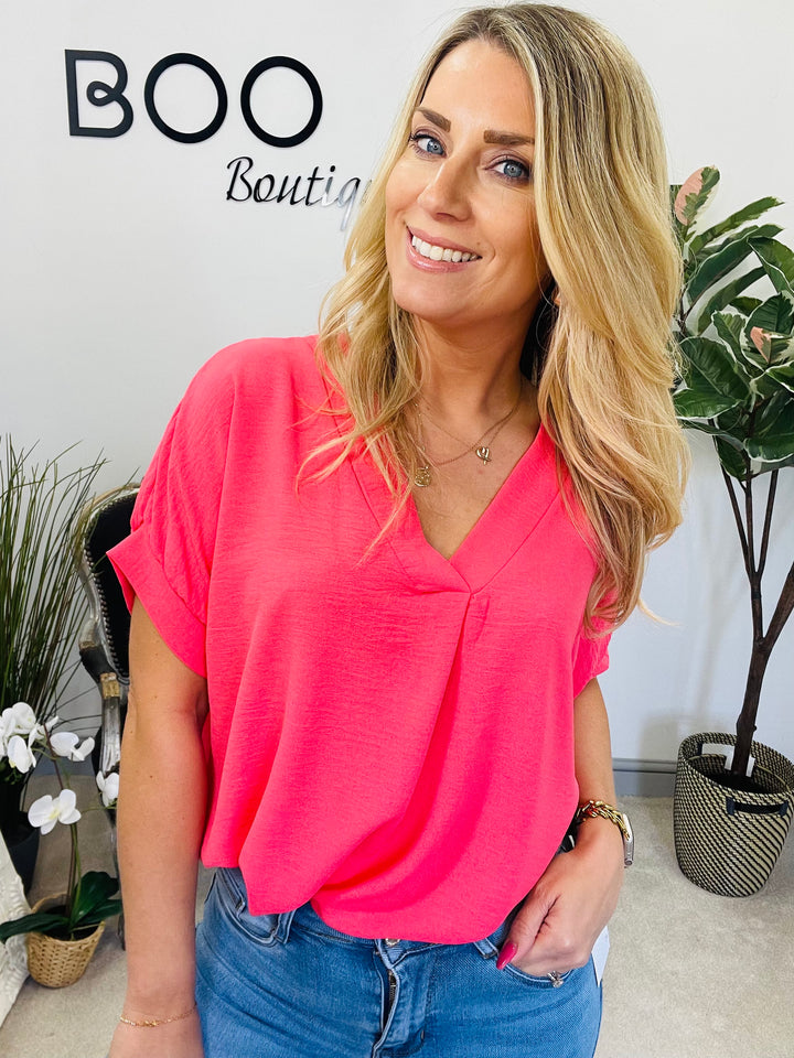 LADIES WOMENS CASUAL V NECK TOP - WHITE, BLACK, BLUE, PINK, YELLOW, NAVY, CORAL