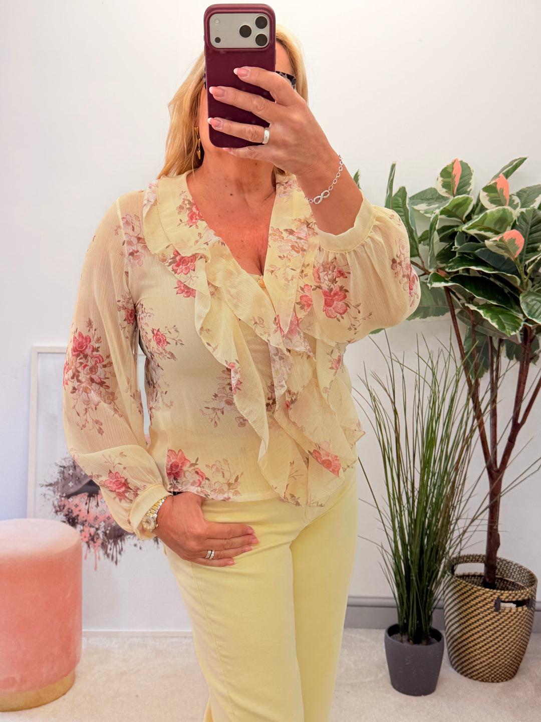 Ladies Chiffon Floral Print Blouse Top - Pink, Blue, Lemon, White