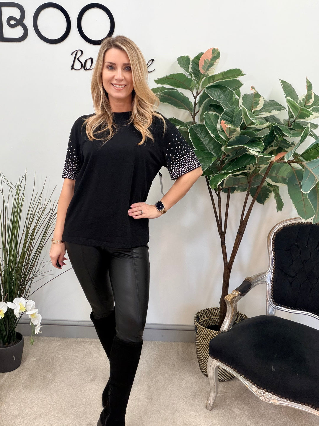 LADIES FASHION DIAMANTE T SHIRT - BLACK, WHITE & YELLOW