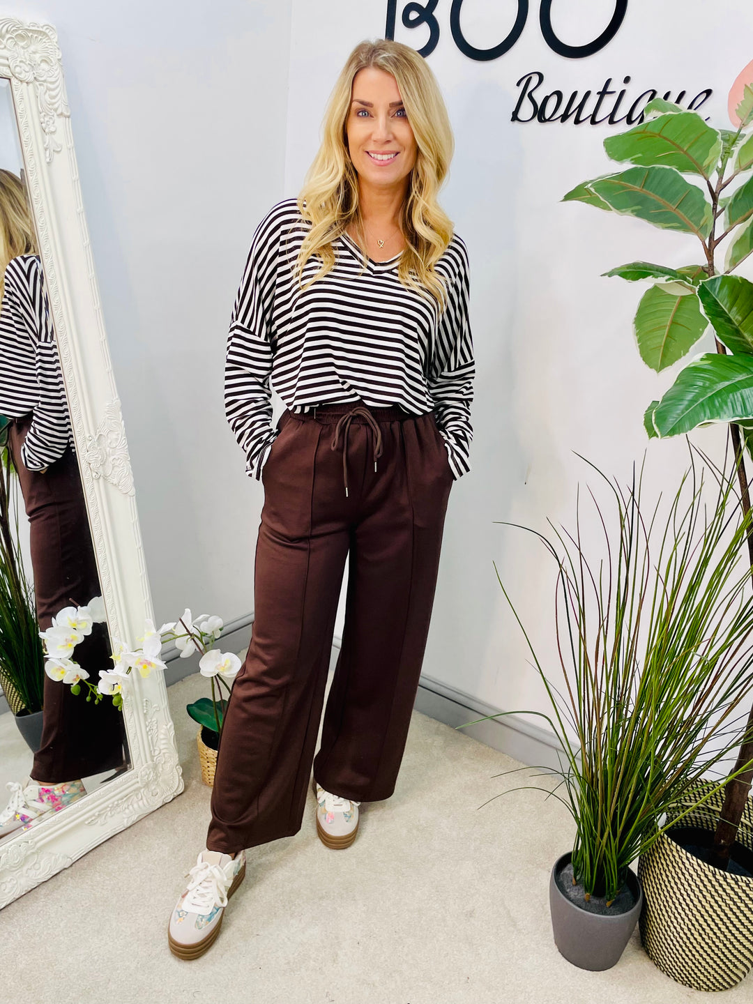 LADIES CASUAL STRIPE LOOSE FIT TOP - KHAKI, NAVY, WINE, BLACK & BROWN