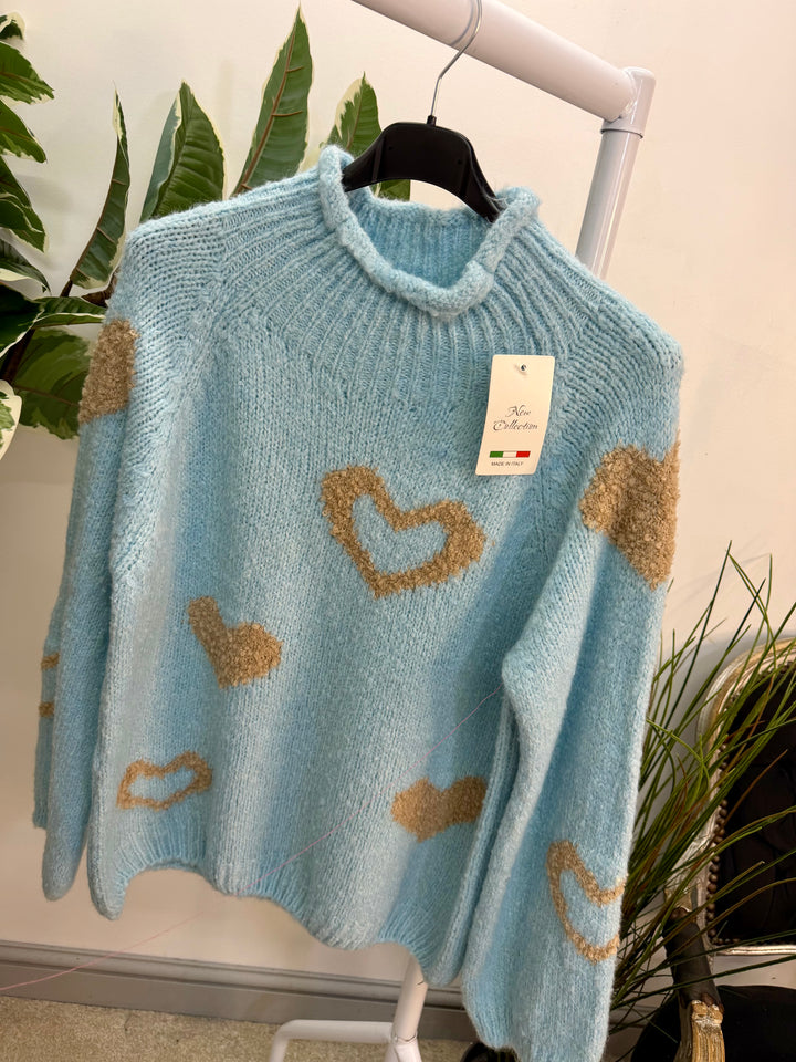 LADIES FASHION CHUNKY KNIT HEART JUMPER - PINK, BLUE, BEIGE & GREY