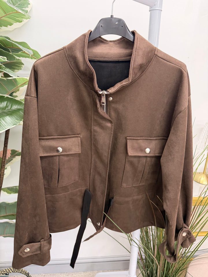Ladies Fashion Faux Suede Short Safari Jacket - Brown, Black, Wine & Beige