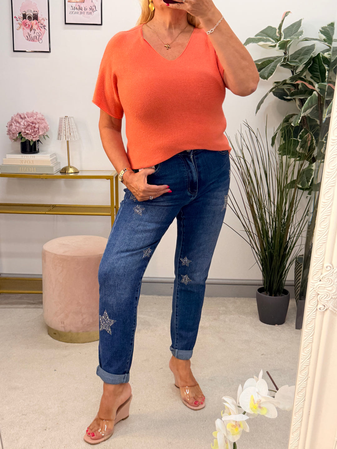 Ladies Fashion Short Sleeve V Neck Jumper peach