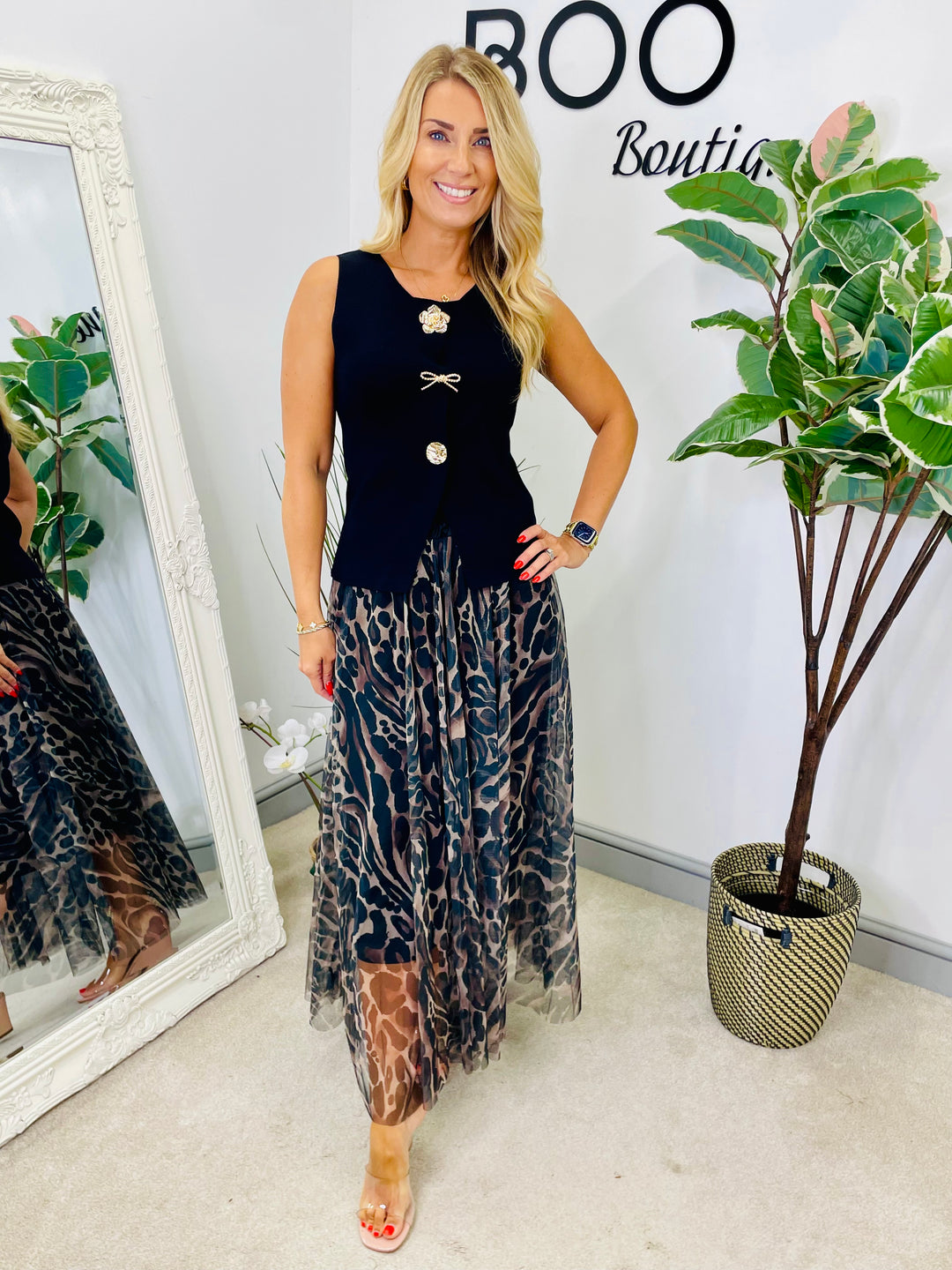 LADIES ANIMAL PRINT TULLE MAXI SKIRT - BLACK, BROWN & BURGUNDY
