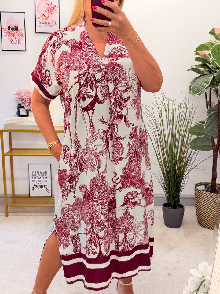 Ladies Jungle Print Loose Fit Summer Maxi Dress - Wine, Brown & Denim Blue