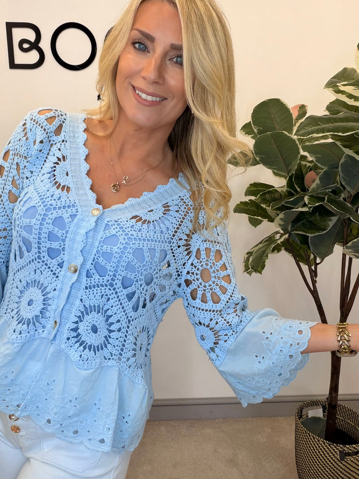Ladies Broderie Anglaise & Lace Bolero Cardigan - White, Blue & Brown