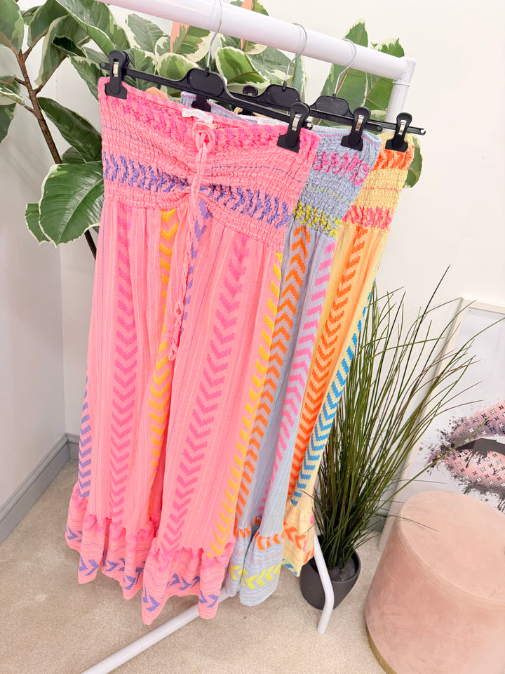Ladies Fashion Linen Aztec Print Summer Maxi Dress - Blue, Lemon, Pink