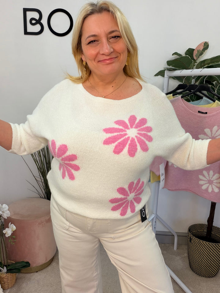 Ladies Fashion Daisy Short Sleeve Jumper - lemon, blue, white & pink