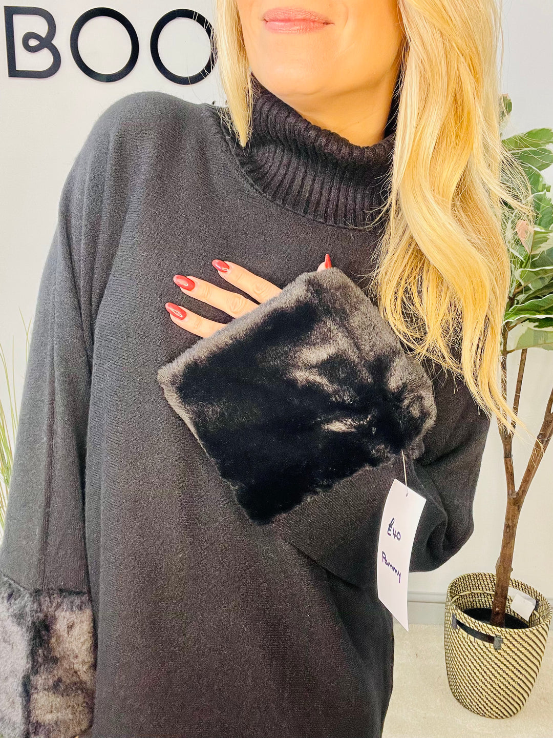 LADIES KNITTED FAUX FUR CUFF JUMPER - BURGUNDY, GREY, BLACK, BROWN, BEIGE, CAMEL
