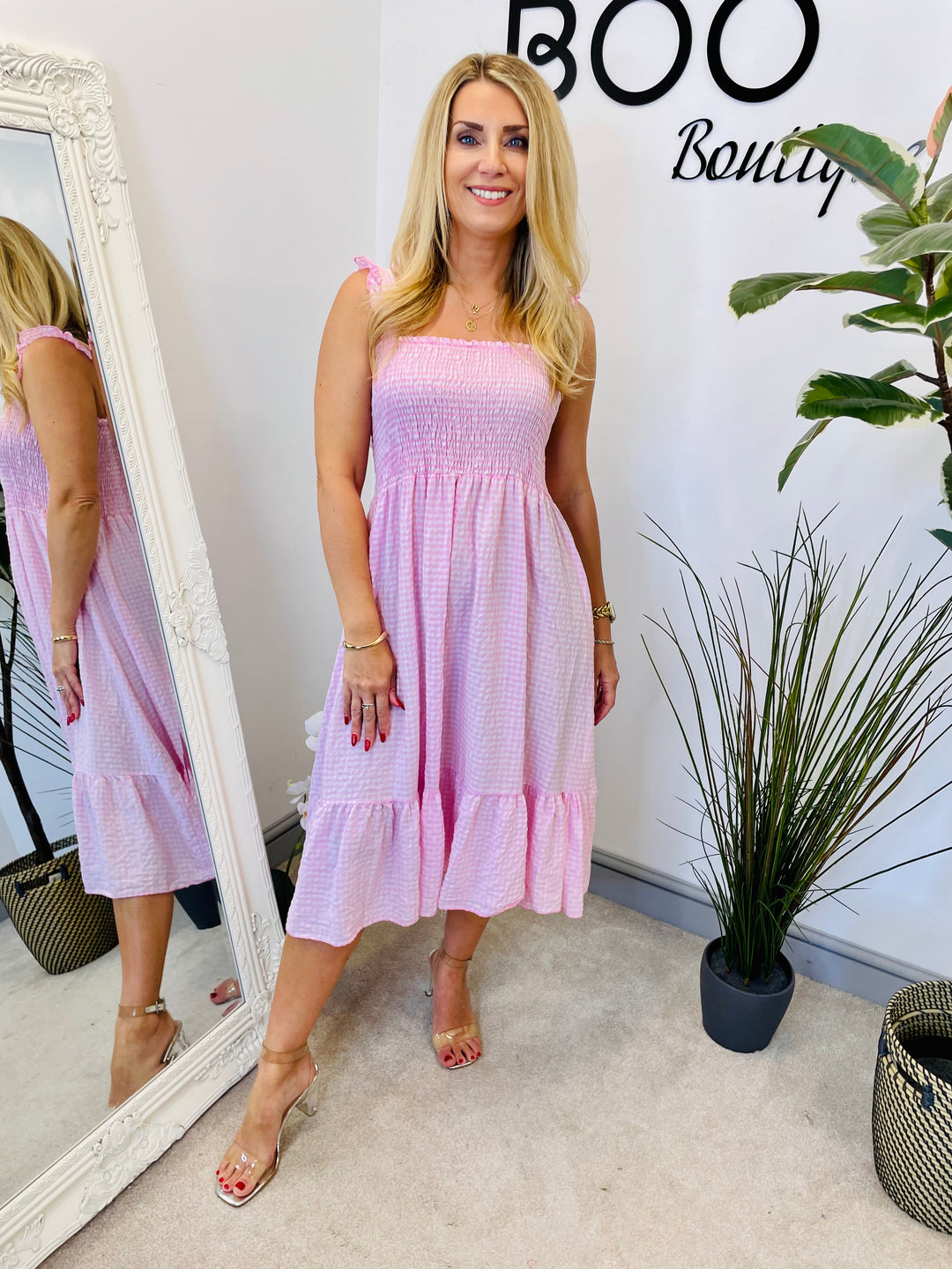 LADIES PRETTY GINGHAM CHECK SUMMER SUN DRESS - PINK, ROYAL BLUE, BABY BLUE, FUSCHIA