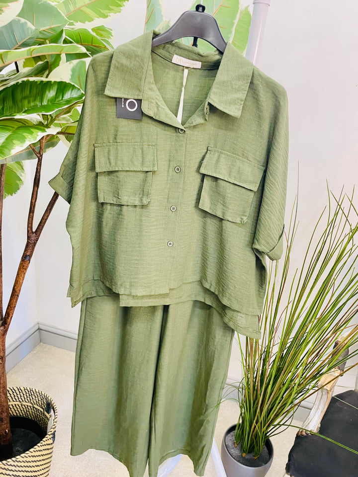 LADIES WIDE LEG TROUSER, CARGO TOP CO ORD SET - KHAKI, BLACK, BROWN, NAVY, CREAM, BEIGE