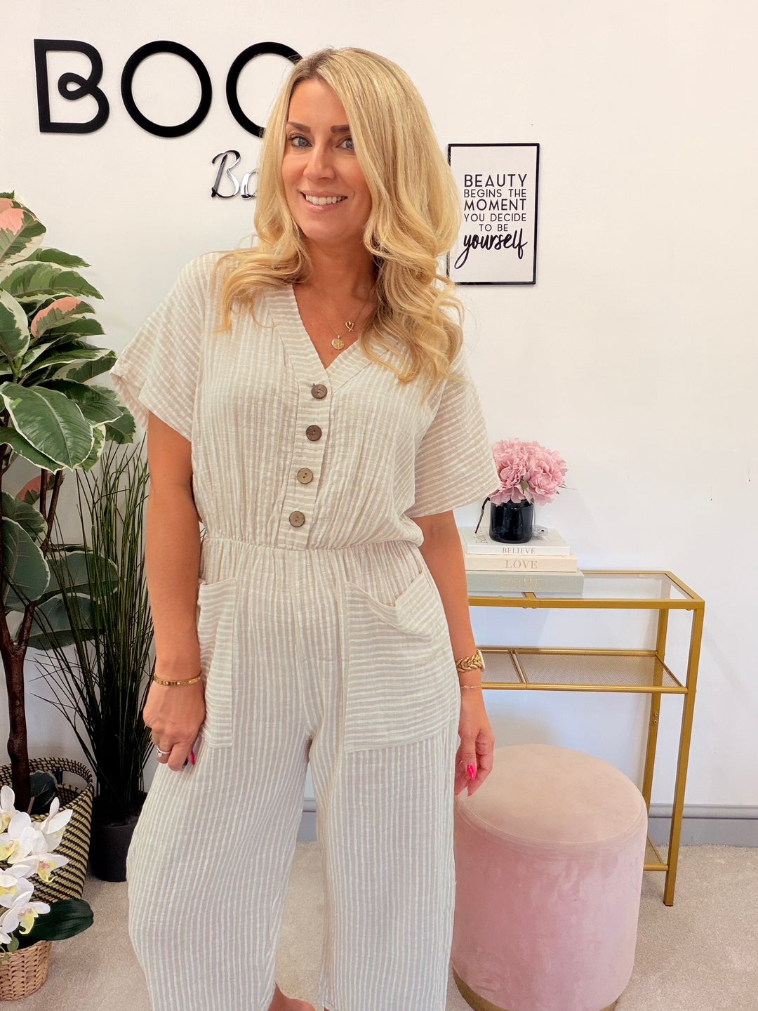 Ladies Linen Pinstripe Cropped Leg Jumpsuit - White, Navy & Beige