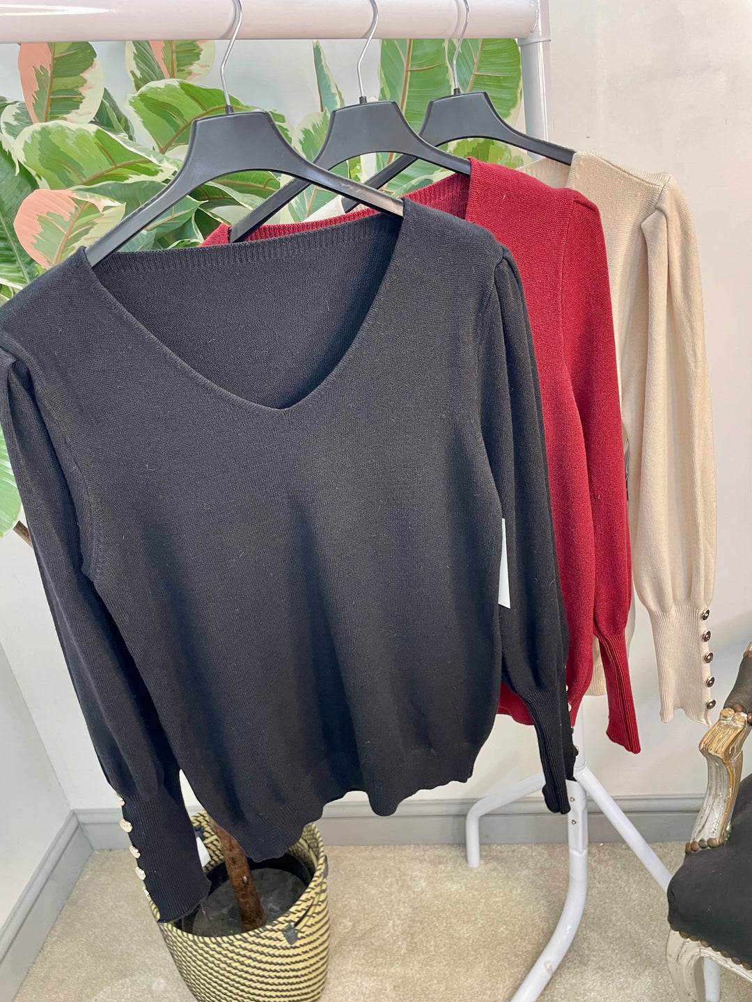 LADIES SOFT KNIT V NECK JUMPER - BLACK, BEIGE & BURGUNDY WINE