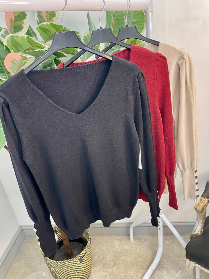 LADIES SOFT KNIT V NECK JUMPER - BLACK, BEIGE & BURGUNDY WINE