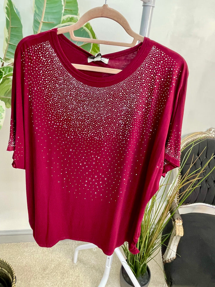 LADIES LOOSE FIT SPARKLY TEE T SHIRT - NAVY, BLACK, BERRY