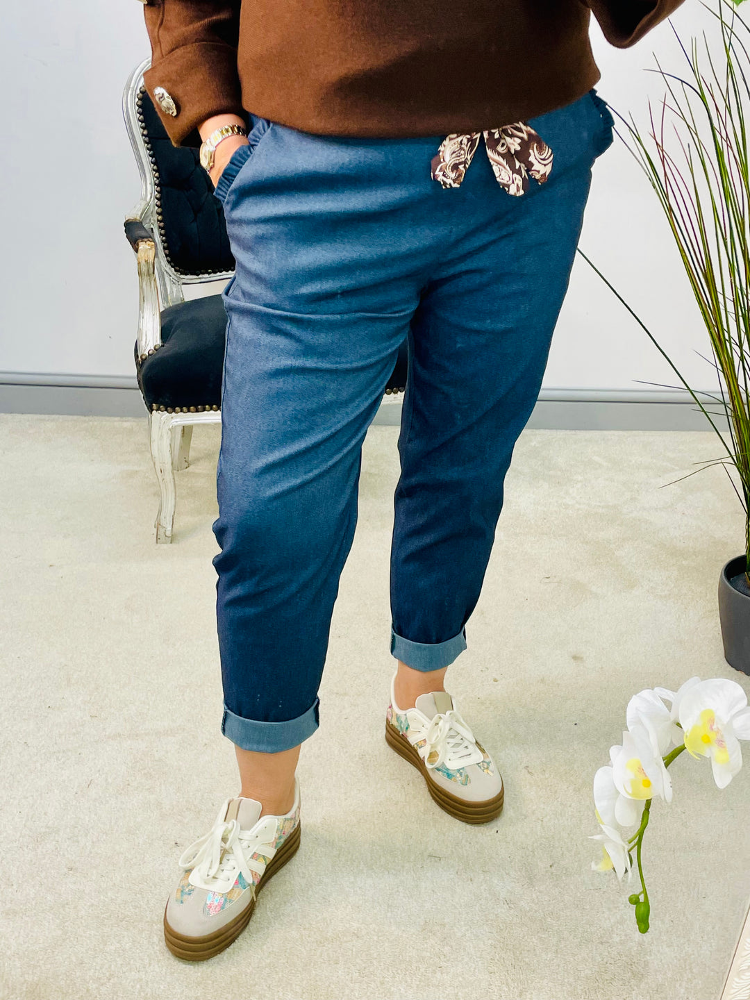 LADIES DENIM BLUE STRETCH MAGIC TROUSERS