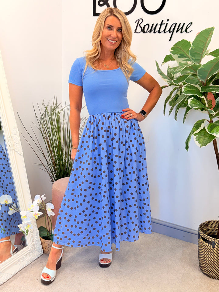 Ladies Fashion T Shirt Polka Dot Midi Dress - Blue, Pink, Black & Lemon