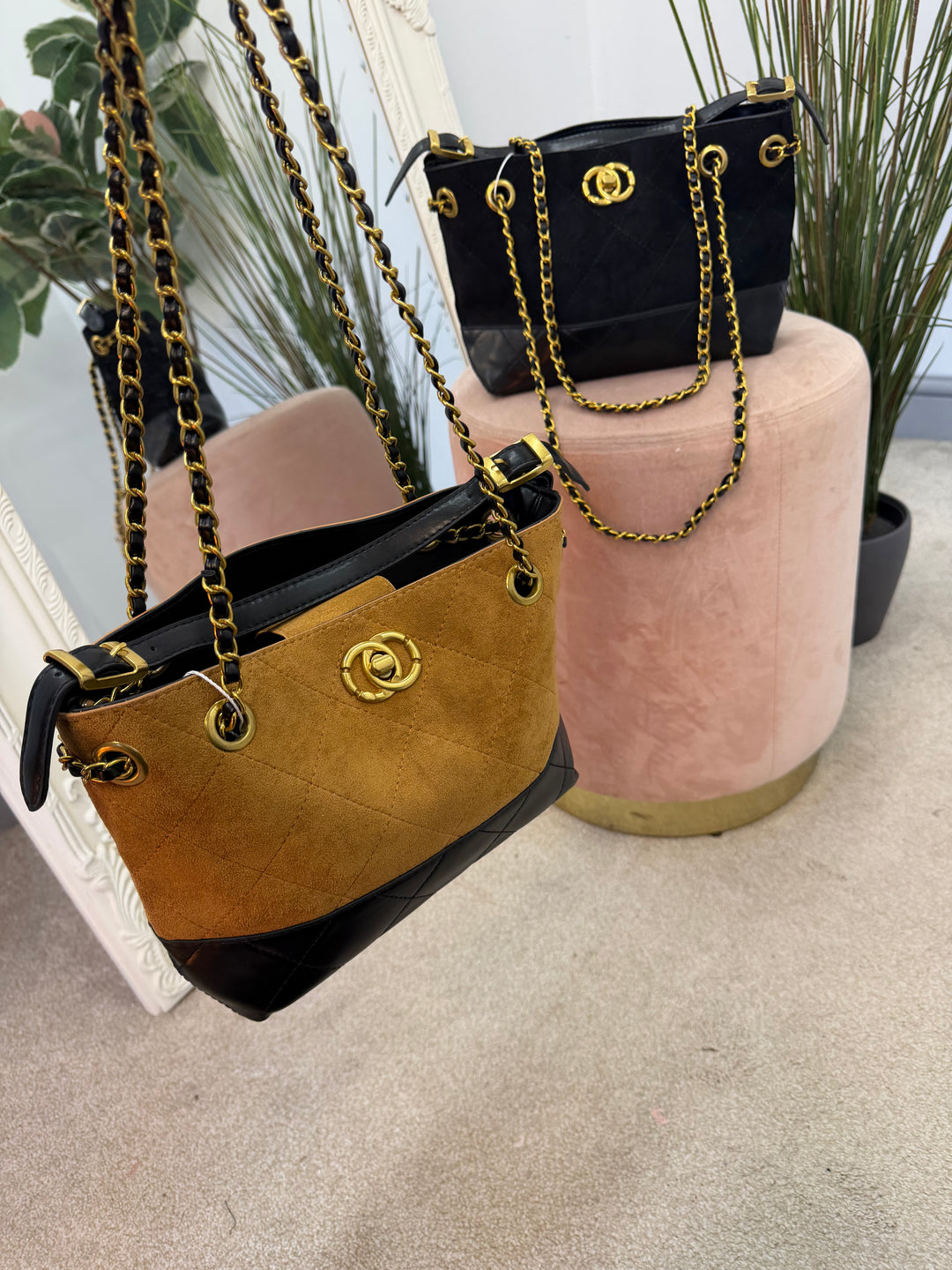 Ladies Fashion Inspired Faux Suede Handbag - black & camel