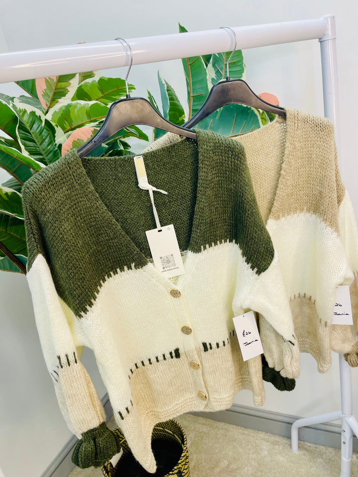 LADIES COLOUR BLOCK CARDIGAN - BEIGE & KHAKI