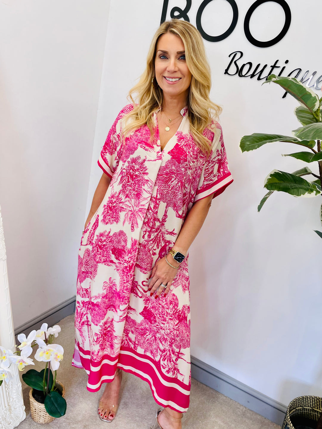 LADIES OVERSIZE JUNGLE PRINT LOOSE FIT SUMMER SHIFT DRESS - PINK, ORANGE, BLUE, NAVY