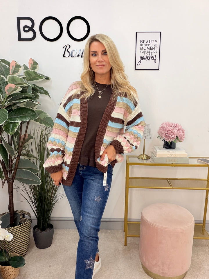 Ladies Fashion Beige Brown Blue Pink Stripe Chunky Knit Cardigan
