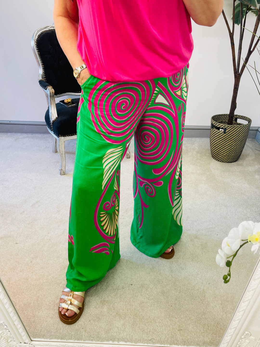 LADIES WOMENS GREEN WIDE LEG PALAZZO PANTS TROUSERS 