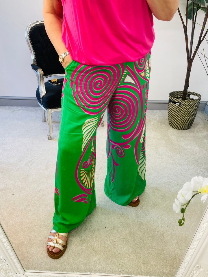 LADIES WOMENS GREEN WIDE LEG PALAZZO PANTS TROUSERS 
