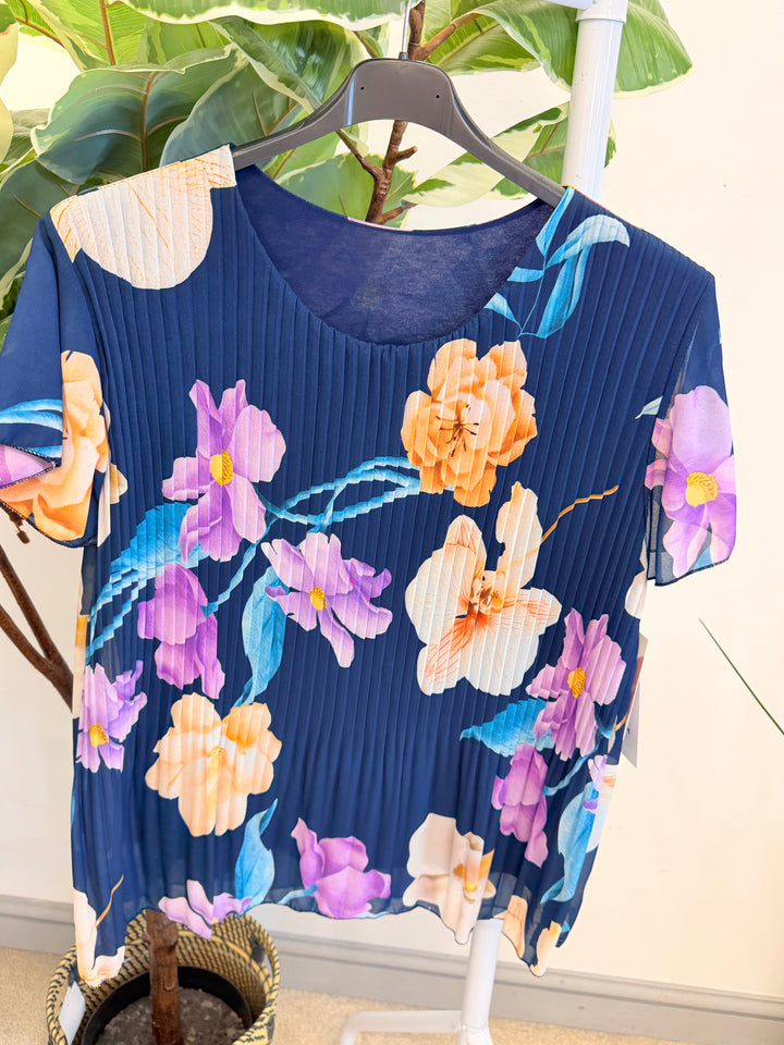 Ladies Pleated Floral Print Chiffon Top - Black, Cream, Blue, Lemon, Pink, Navy, Brown