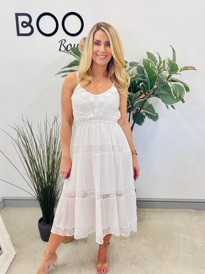 LADIES WOMENS CREAM WHITE BOHO SUMMER CROCHET DRESS