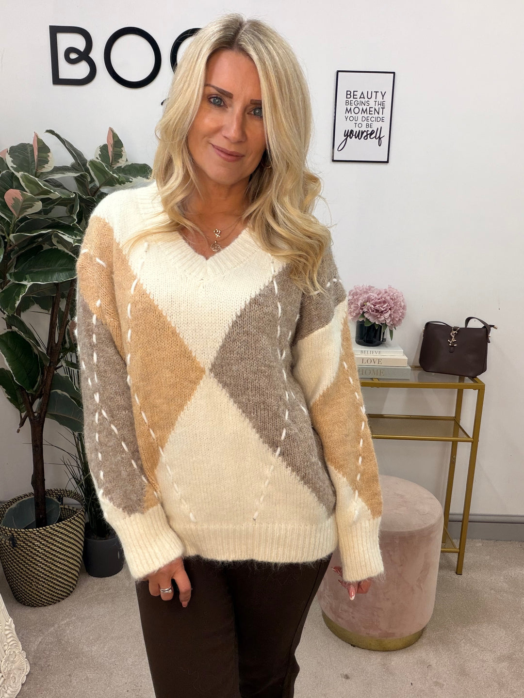 Ladies Fashion Cream Beige Mocha Cricket Loose Fit Jumper