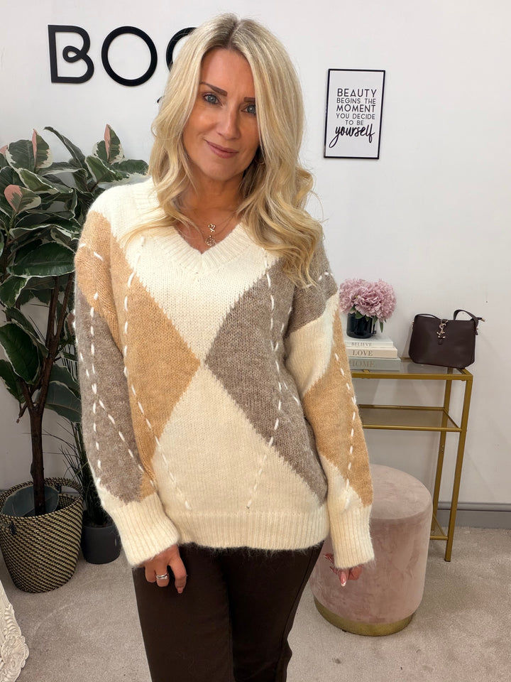 Ladies Fashion Cream Beige Mocha Cricket Loose Fit Jumper