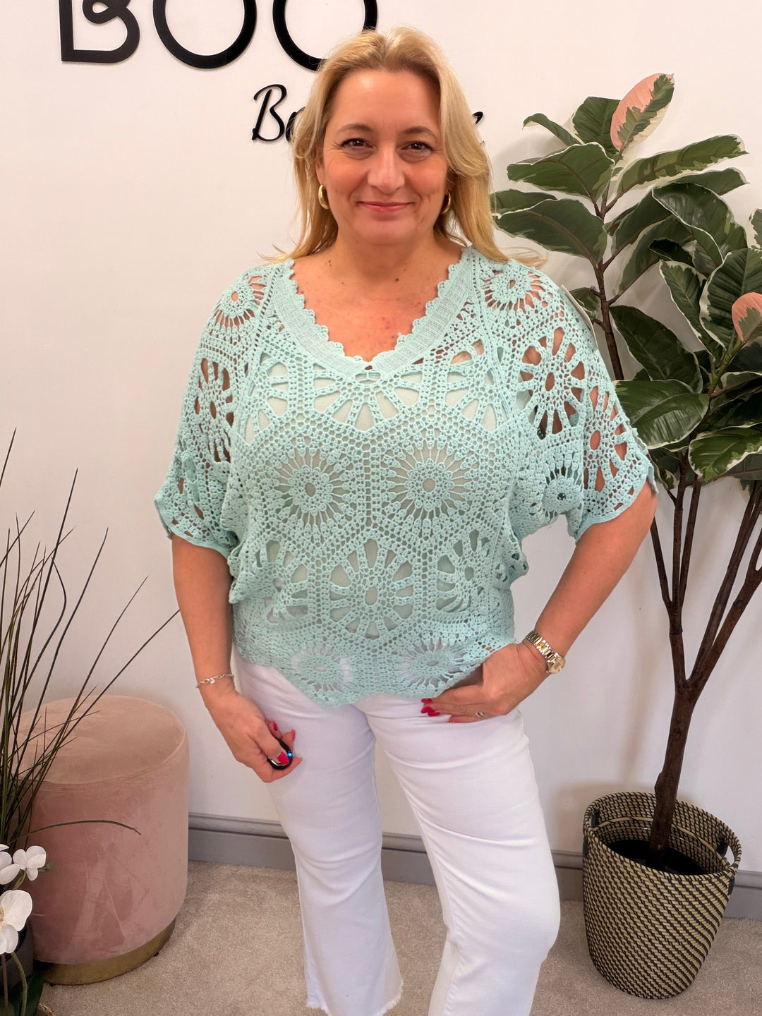 Ladies Fashion Crochet Open Knit Top mint