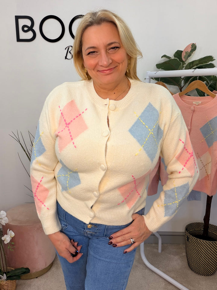 Ladies Fashion Diamond Argyle Cardigan - pink, blue & cream