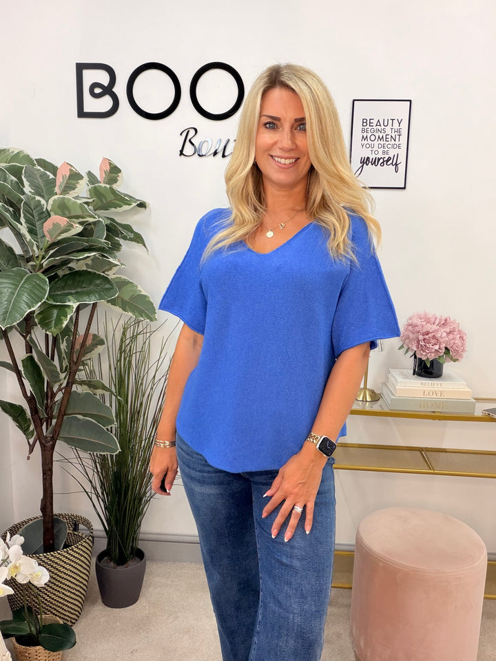 Ladies Fashion Short Sleeve V Neck Jumper  cornflower blue
