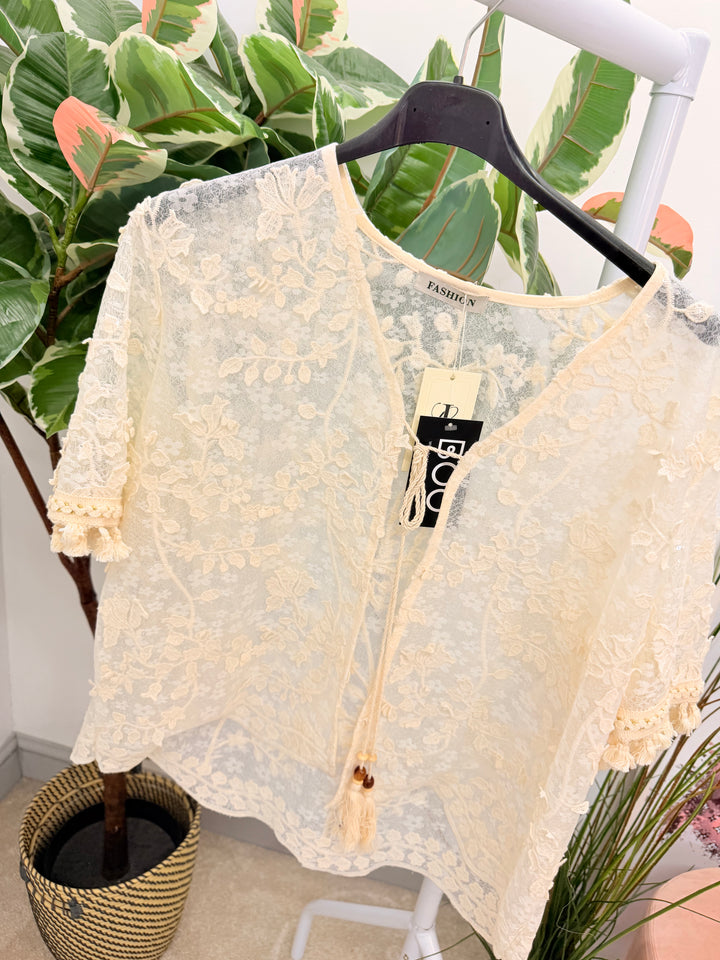 Ladies Fashion Sheer Sparkly Bolero Cardigan - white and Beige
