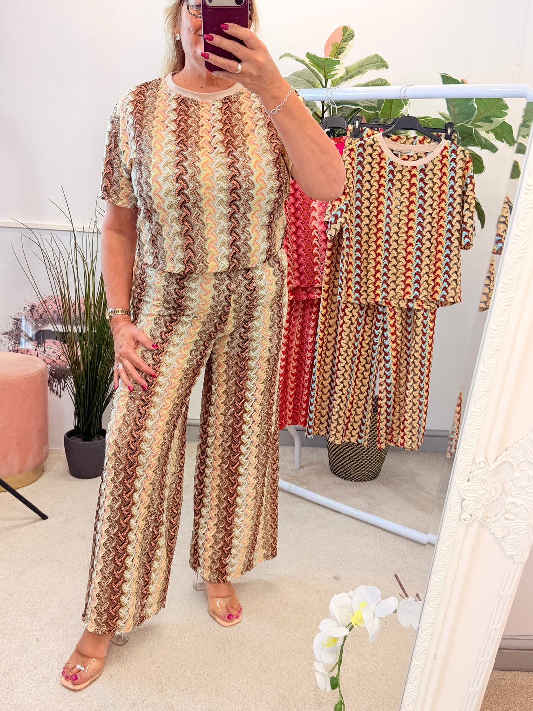 Ladies Crochet Zig Zag Trouser Co Ord Set - Red, Rust, Black