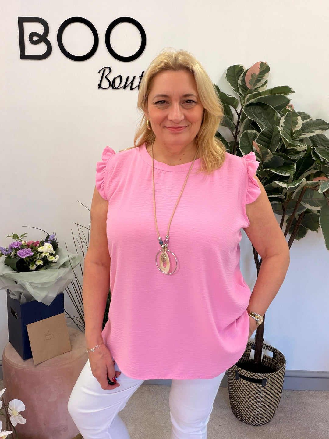 Ladies Fashion Frill Cap Sleeve Top candy pink