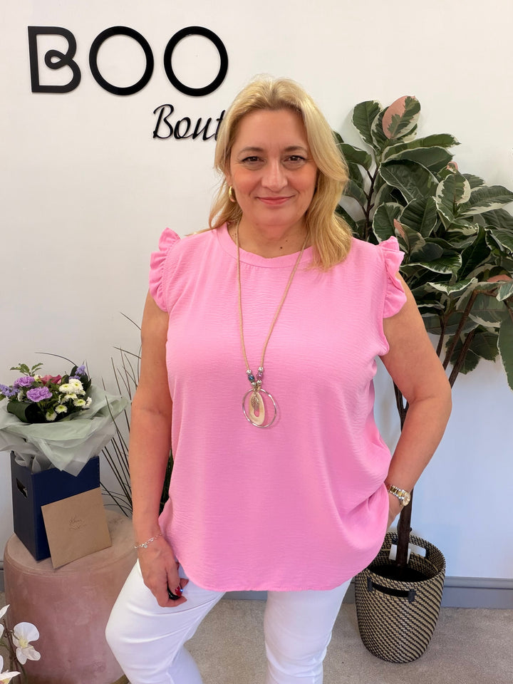 Ladies Fashion Frill Cap Sleeve Top candy pink